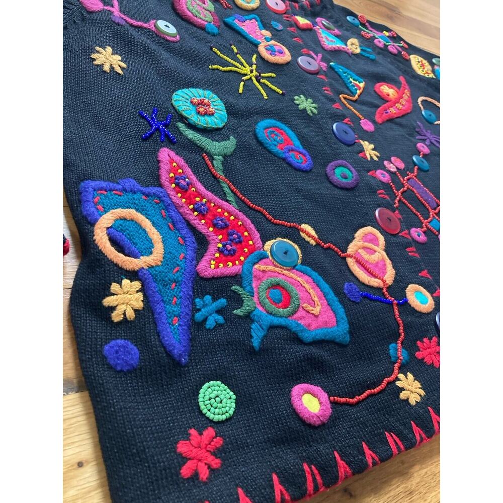 Michael Simon Vtg 1993 Embroidery Beaded Art To Wear Mrs Frizzle Sweater 2 Large - Picture 2 of 8